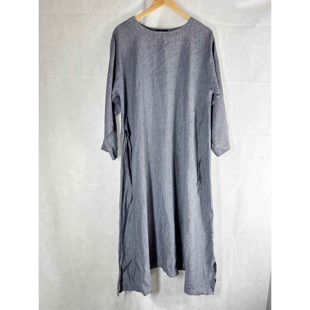 Eskandar Lagenlook Tent Linen Midi Dress Size 1 Blue